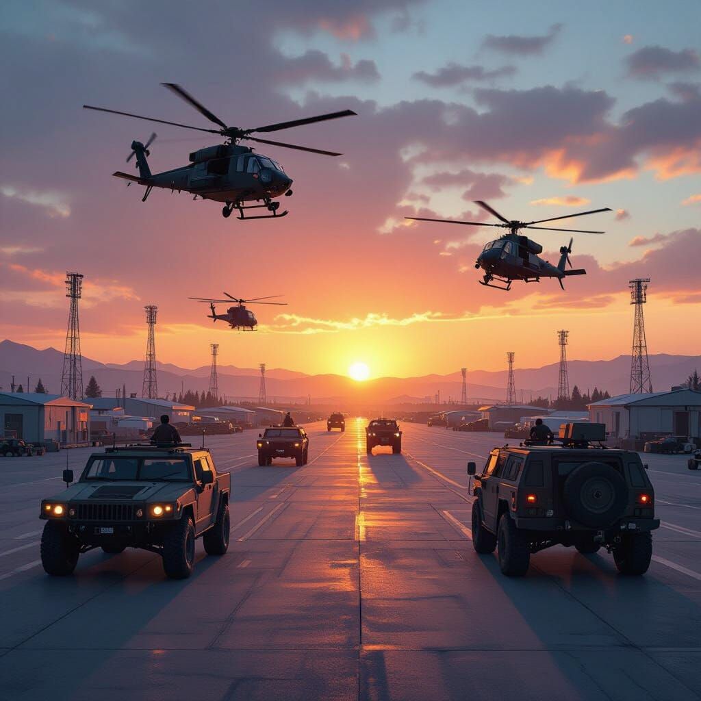 Military Base at Sunset with Helicopters, Cinematic Style
