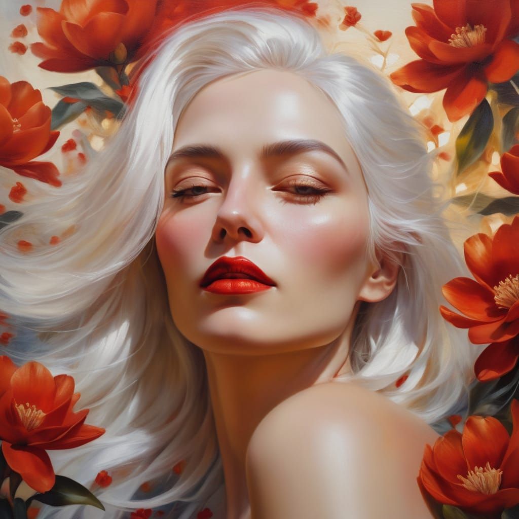 Sensual Woman in Red Bloom Oil Painting
