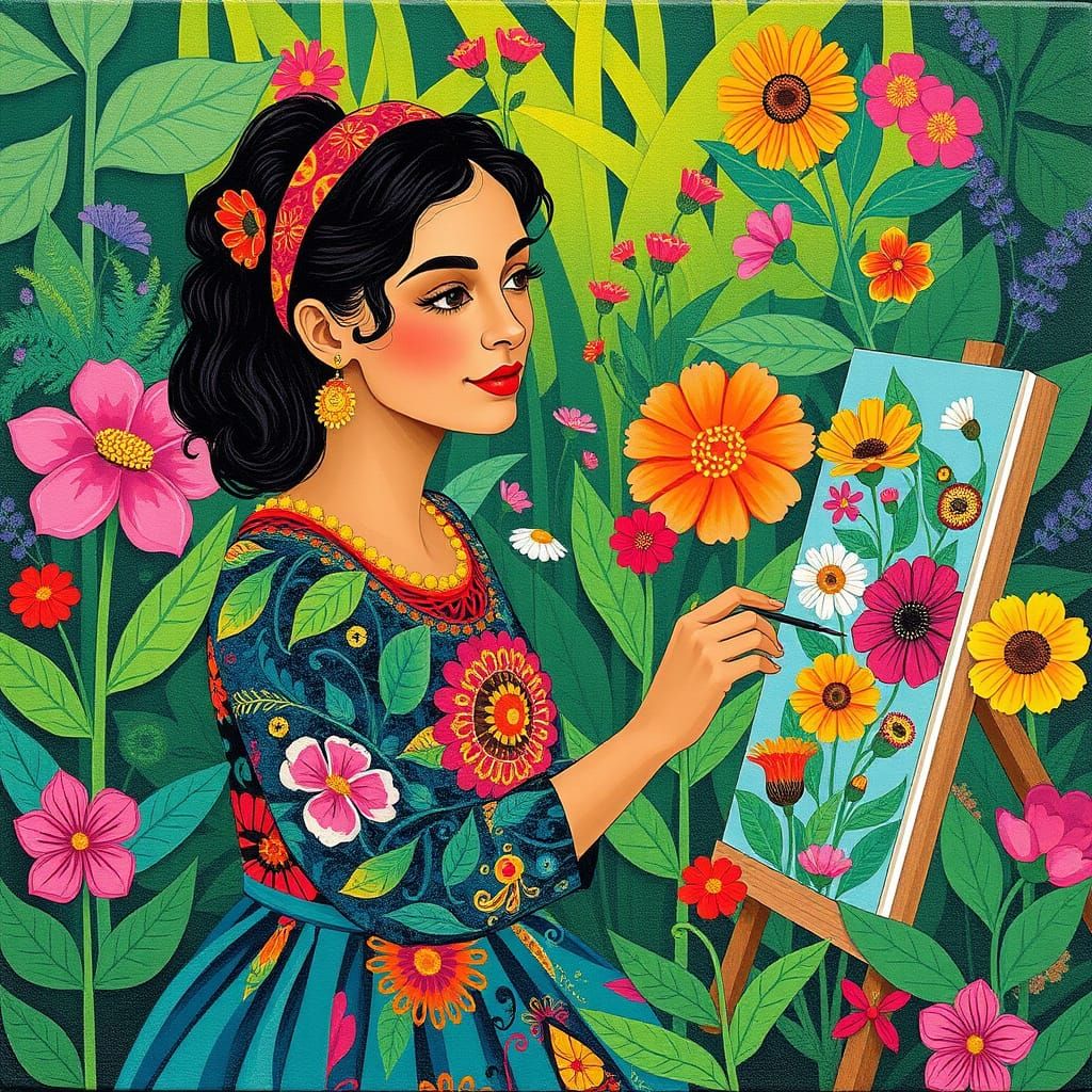 Whimsical Woman Painting Flowers in Eclectic Style