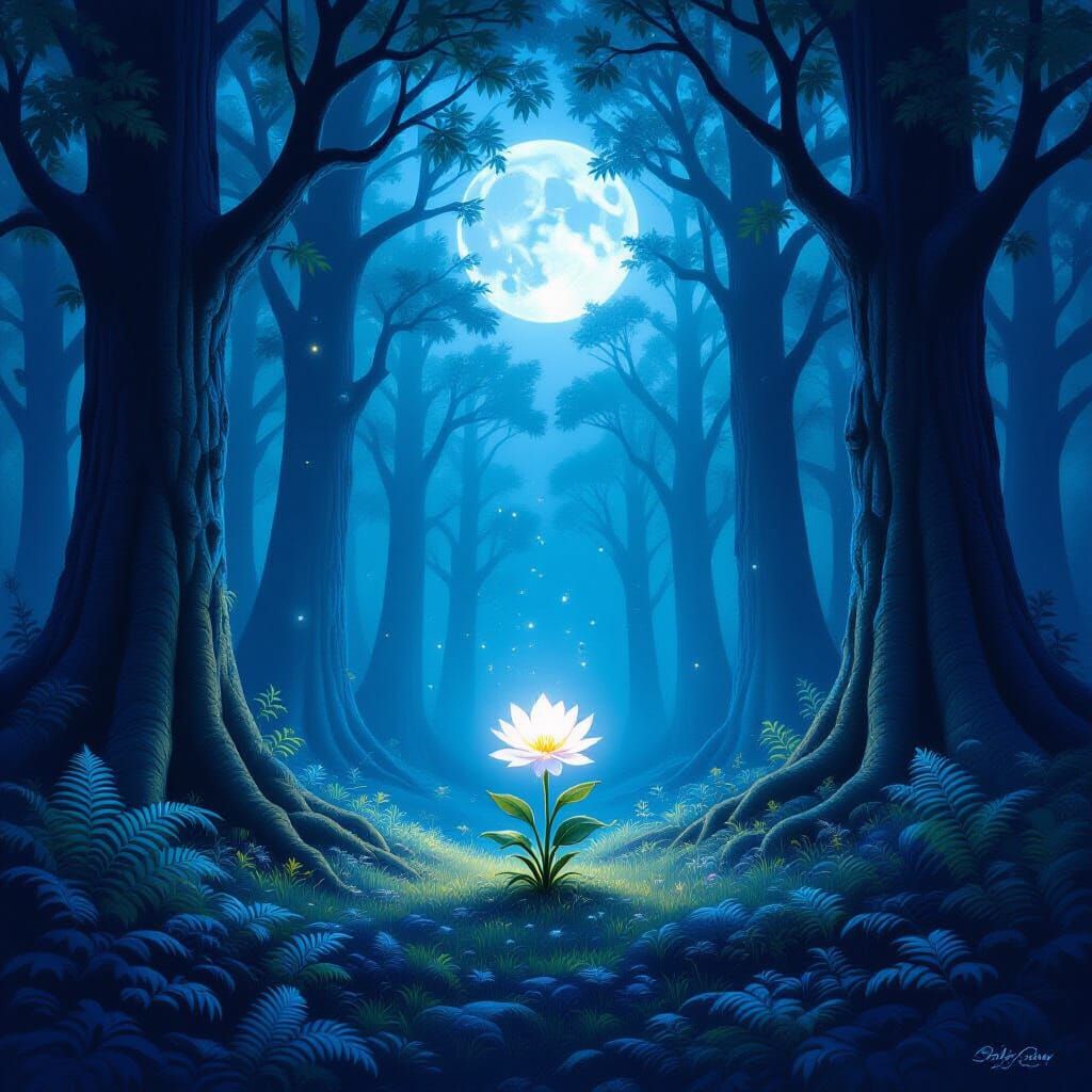 Mystical Forest Clearing with Luminous Flower in Ethereal Mo...