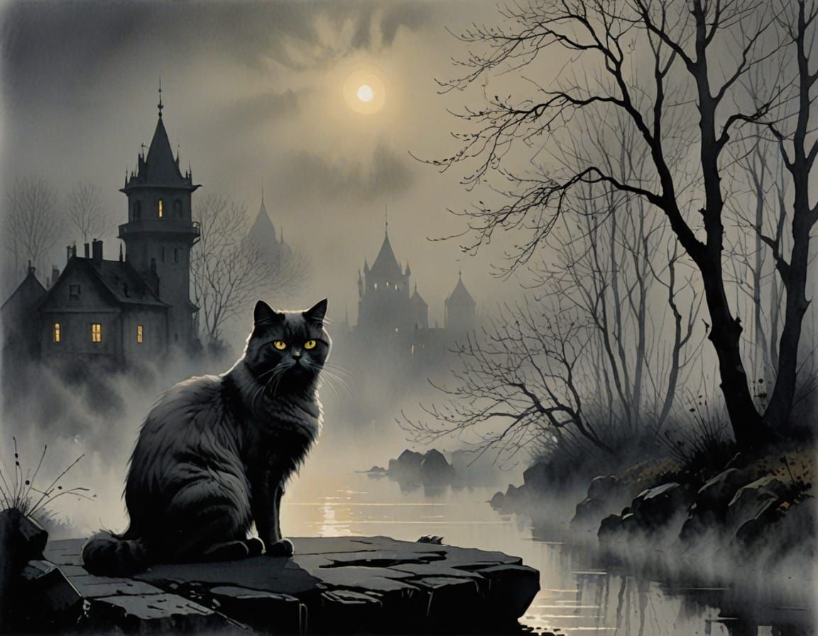 Persian Cat in Foggy Inked Aquarelle