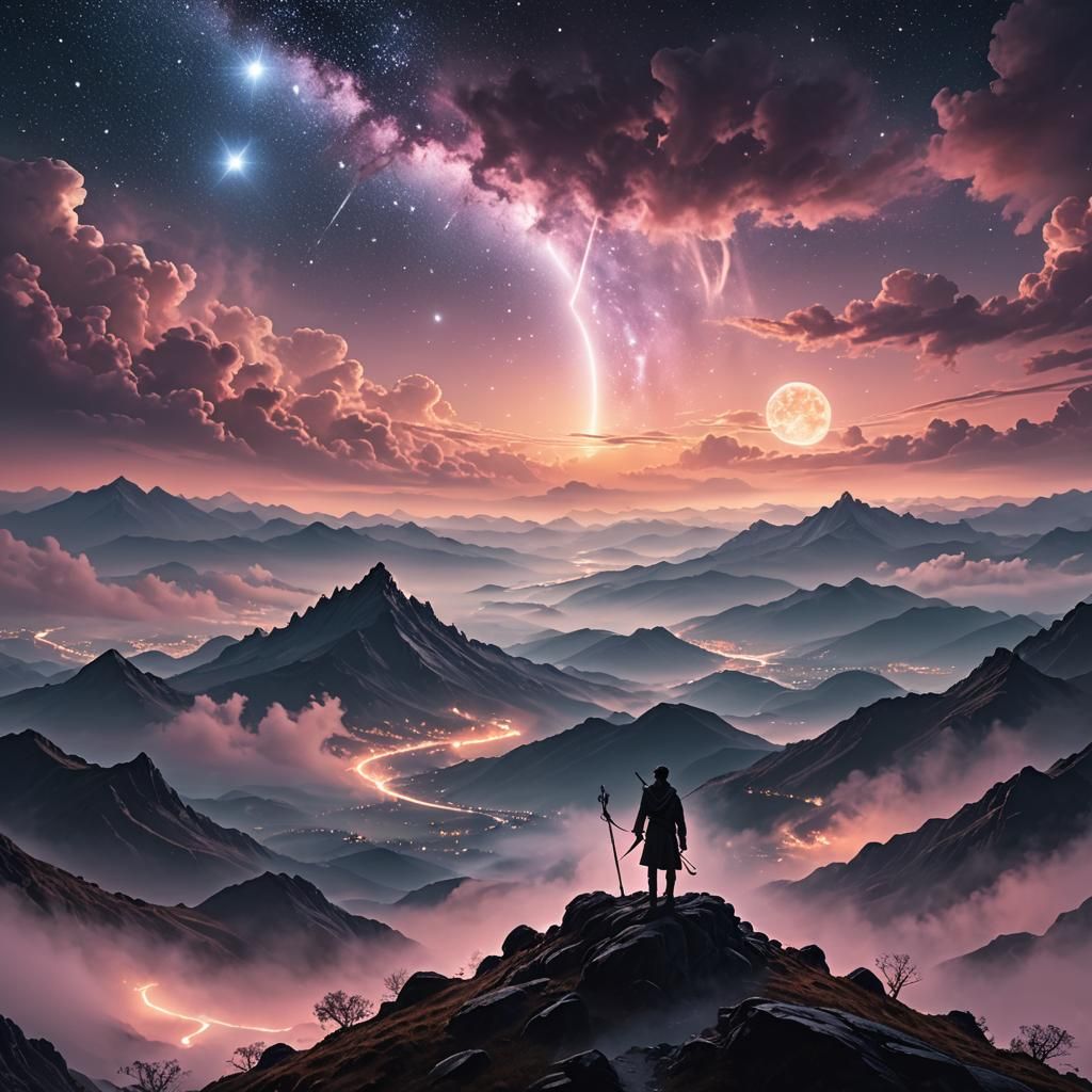 Misty Mountainside Under Starry Zaffre Sky