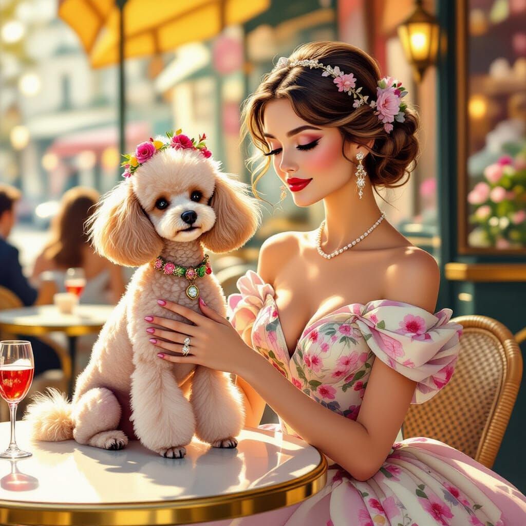 Chic Parisian Cafe Scene with Woman and Poodle