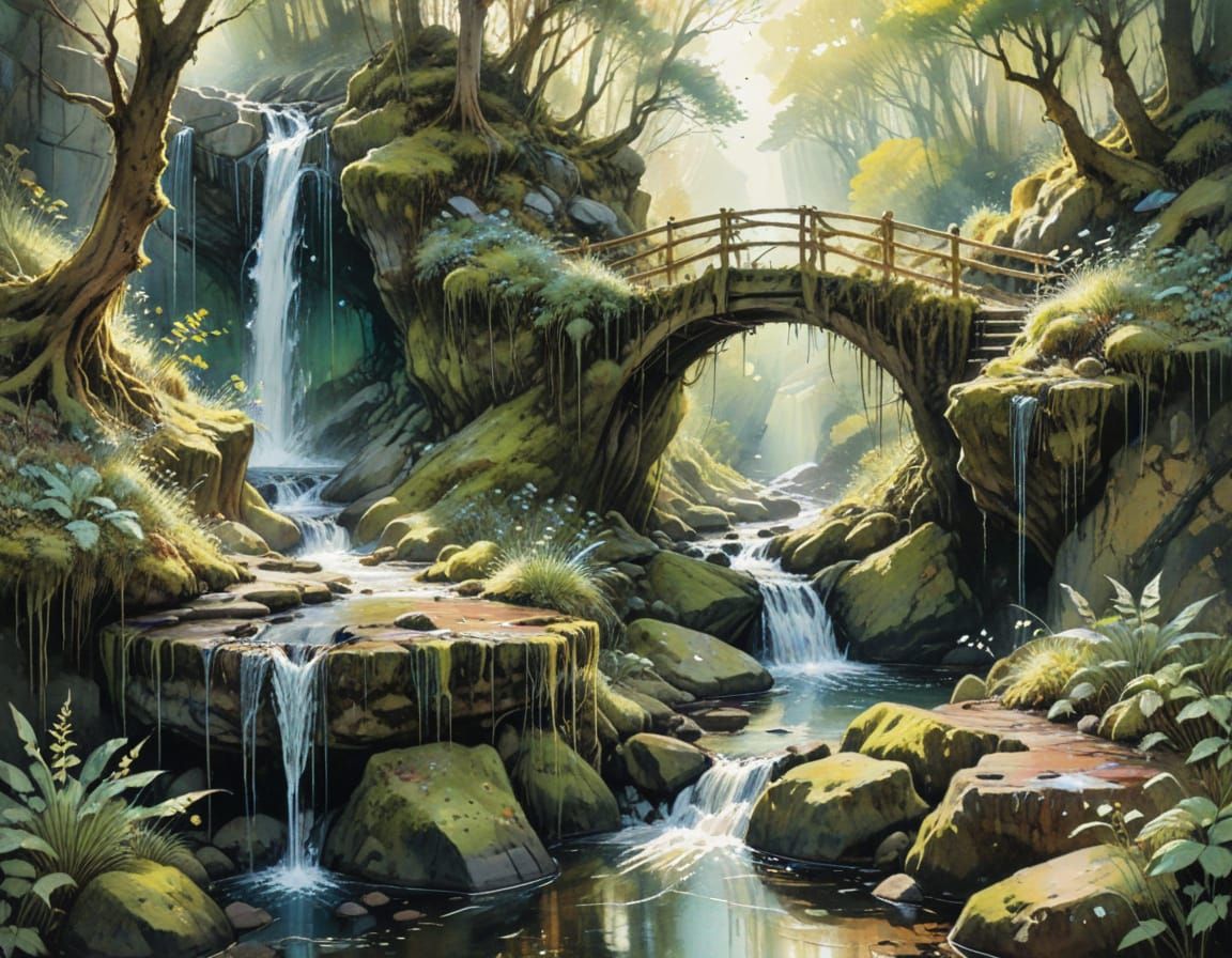 Ornate Mossy Bridge Over Babbling Brook in Watercolour