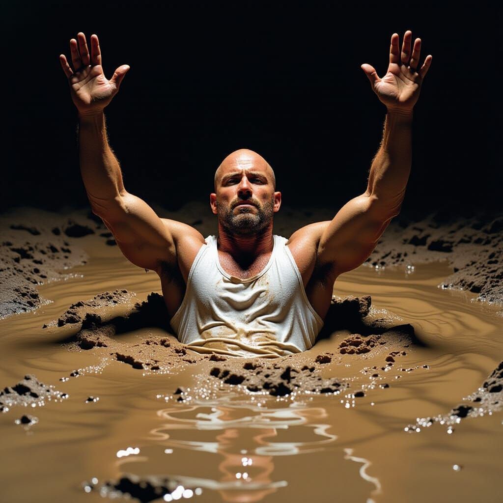 Buff Bald Man Sinks in Mud, Arms Raised in Despair
