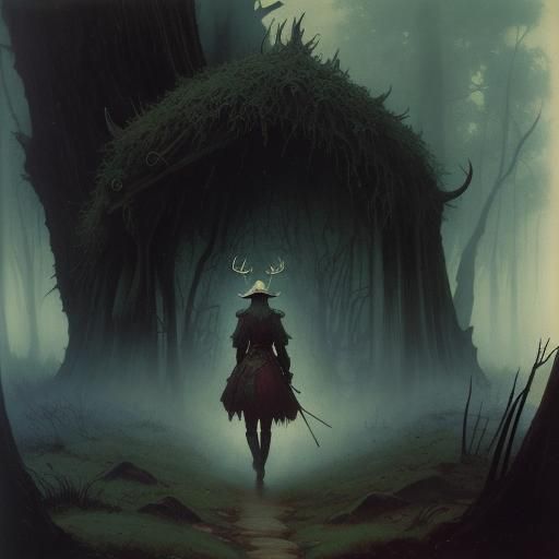 Girl, Shark, and Stag Antlers in Post-Apocalyptic Style