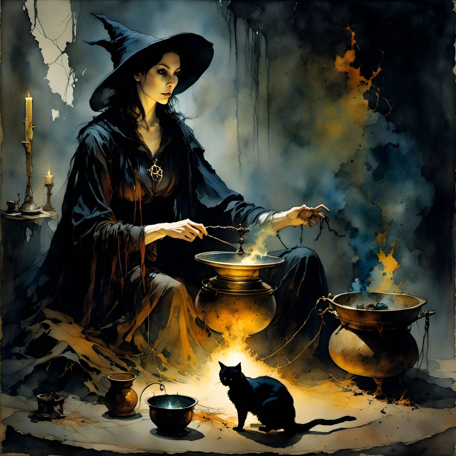 Witch Brews Potion with Black Cat