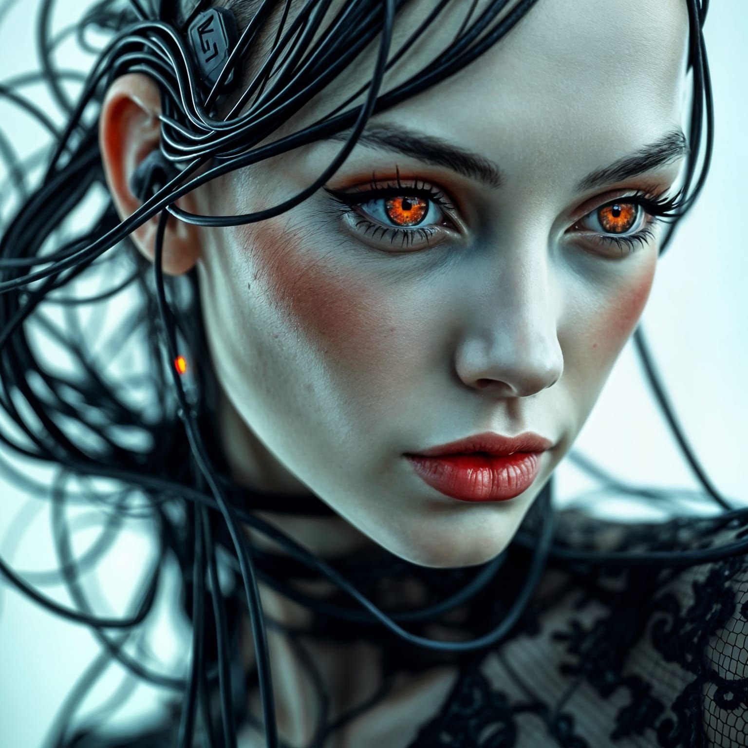 Android Woman with Flowing Wires Portrait