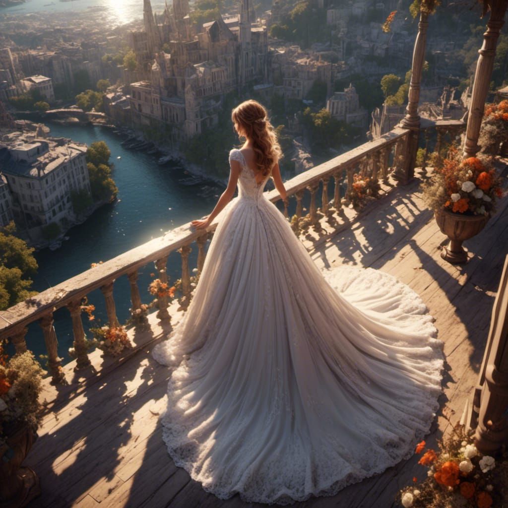 Bride in White Dress Overlooking Crowd, Detailed Digital Art