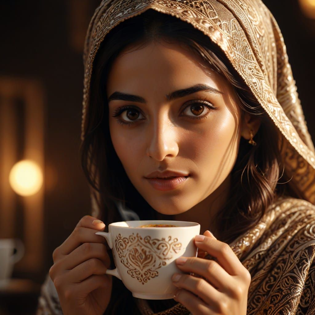 Arab Woman Serving Coffee: Hyper-Realistic Digital Art
