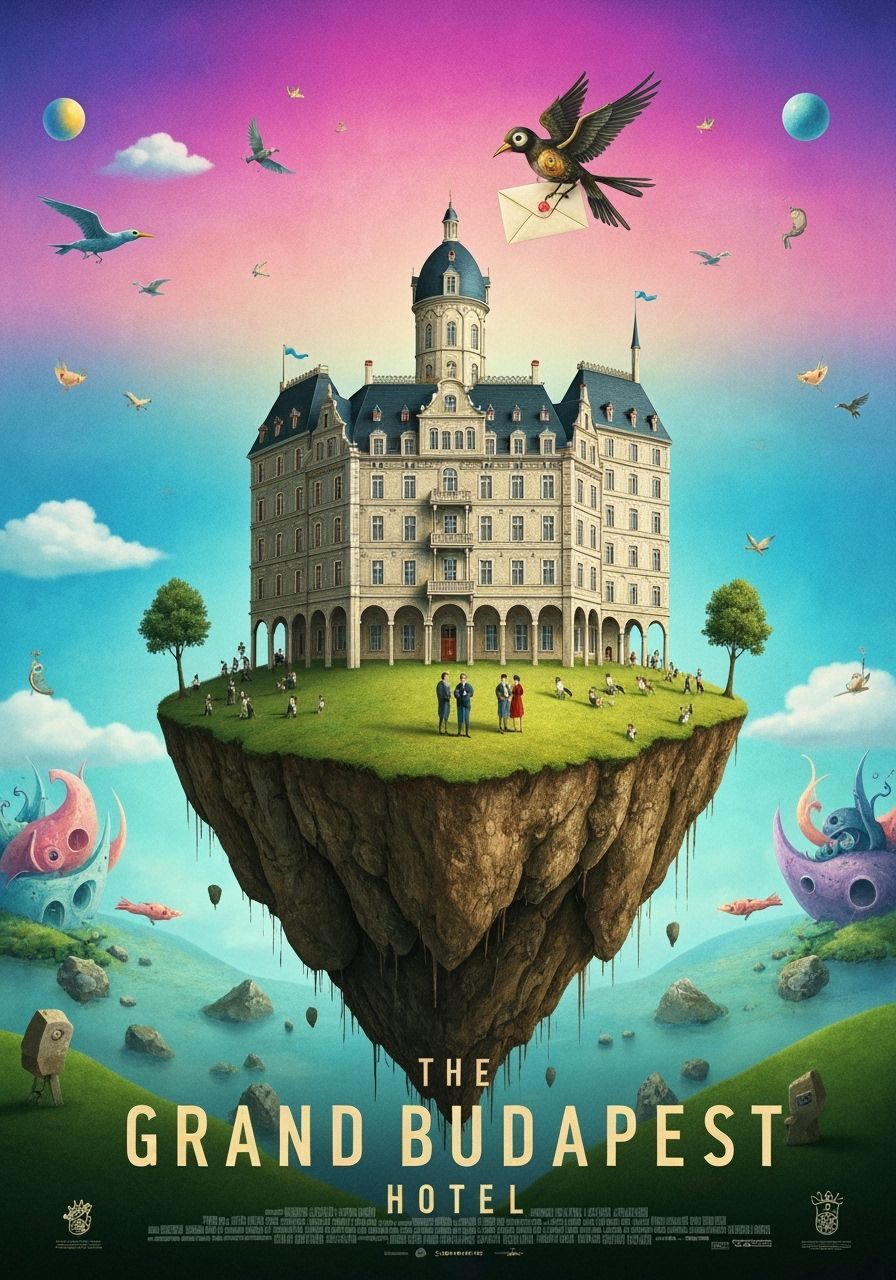 Grand Budapest Hotel Poster: Surreal Floating Island Scene