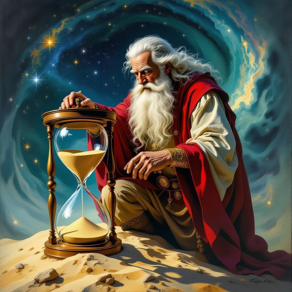Father Time Nervously Checks Watch on Crumbling Hourglass