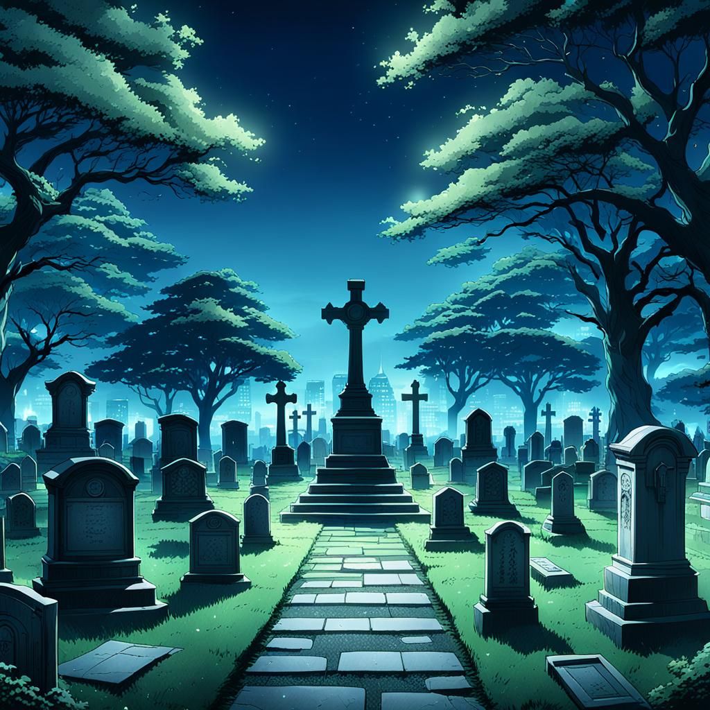 Anime Graveyard at Night in Studio Trigger Style