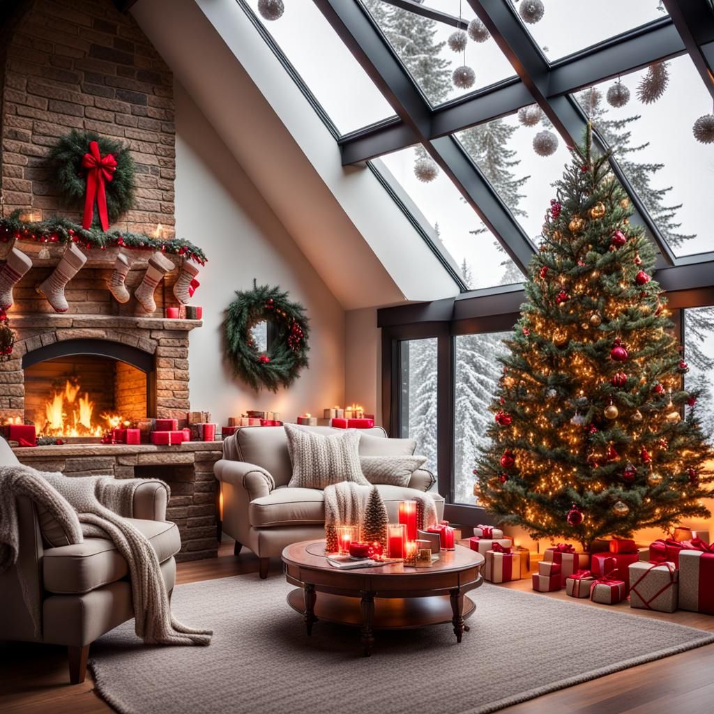 Cozy Christmas Room with Fireplace and Decorations