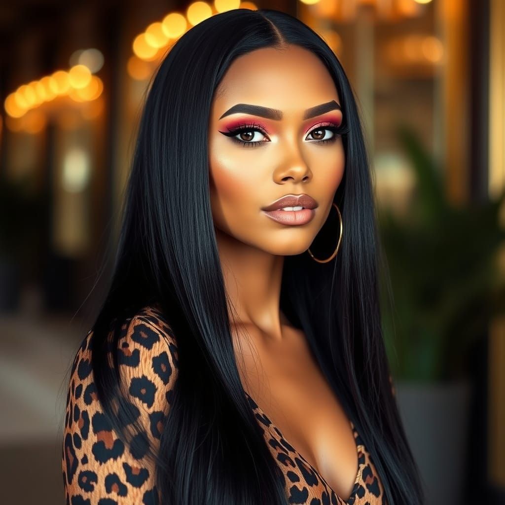 Elegant Woman in Leopard Print Gown with Vibrant Makeup