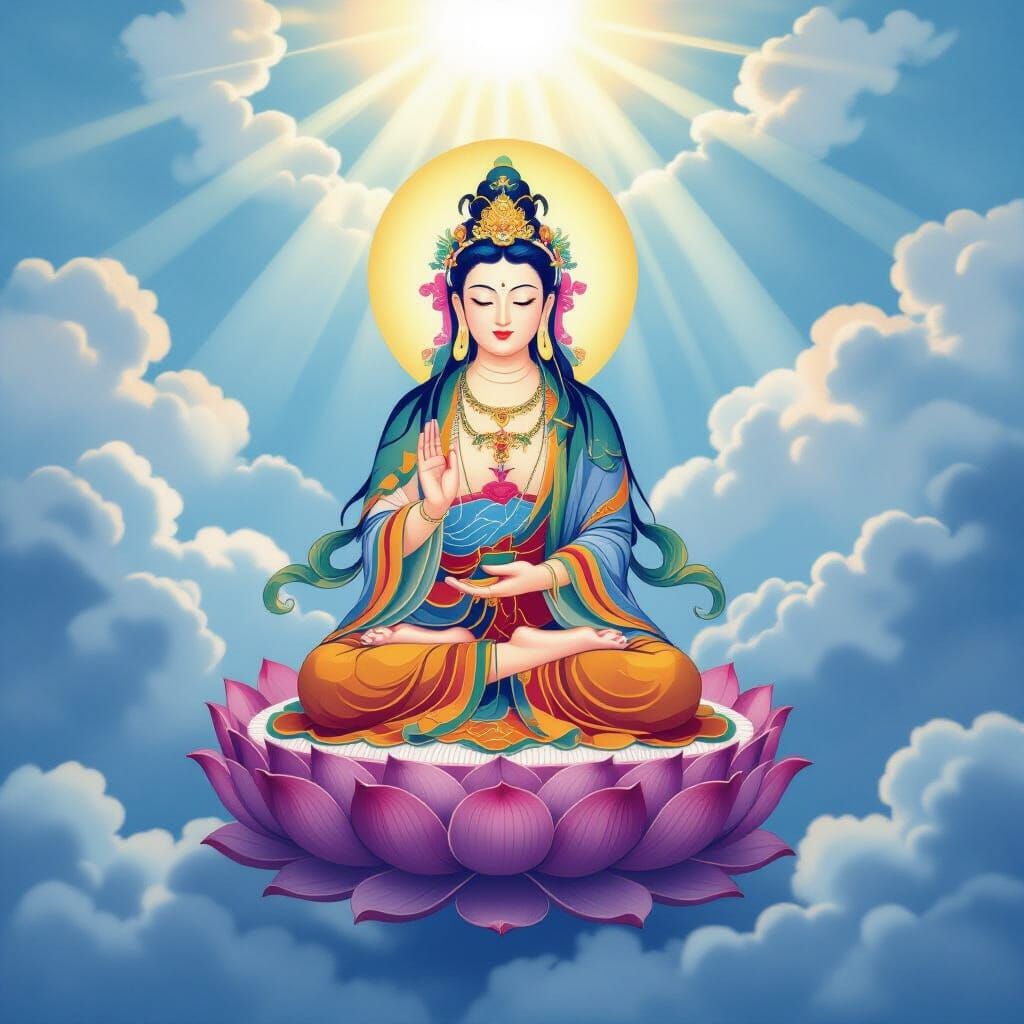Guanyin Bodhisattva on Lotus, Divine Light in Sky