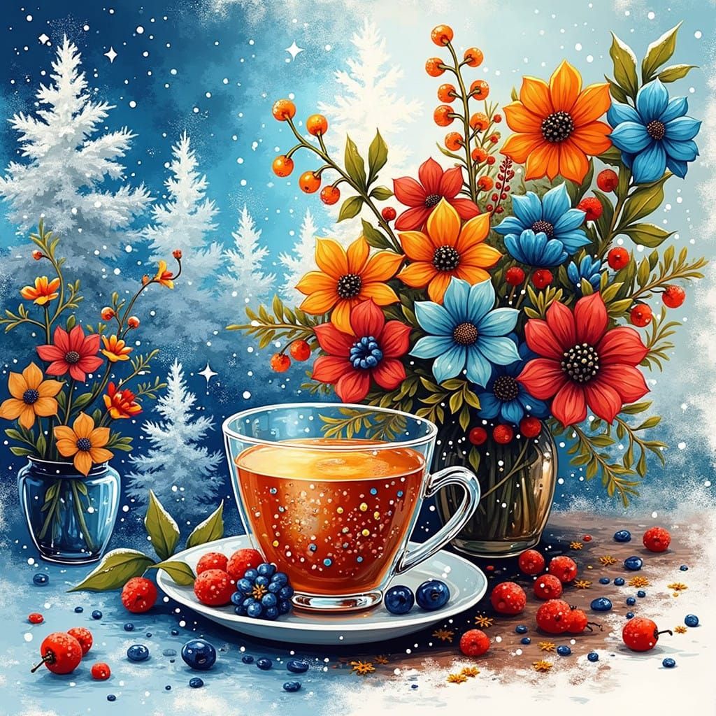 Whimsical Winter Tea Scene in Vibrant Colors