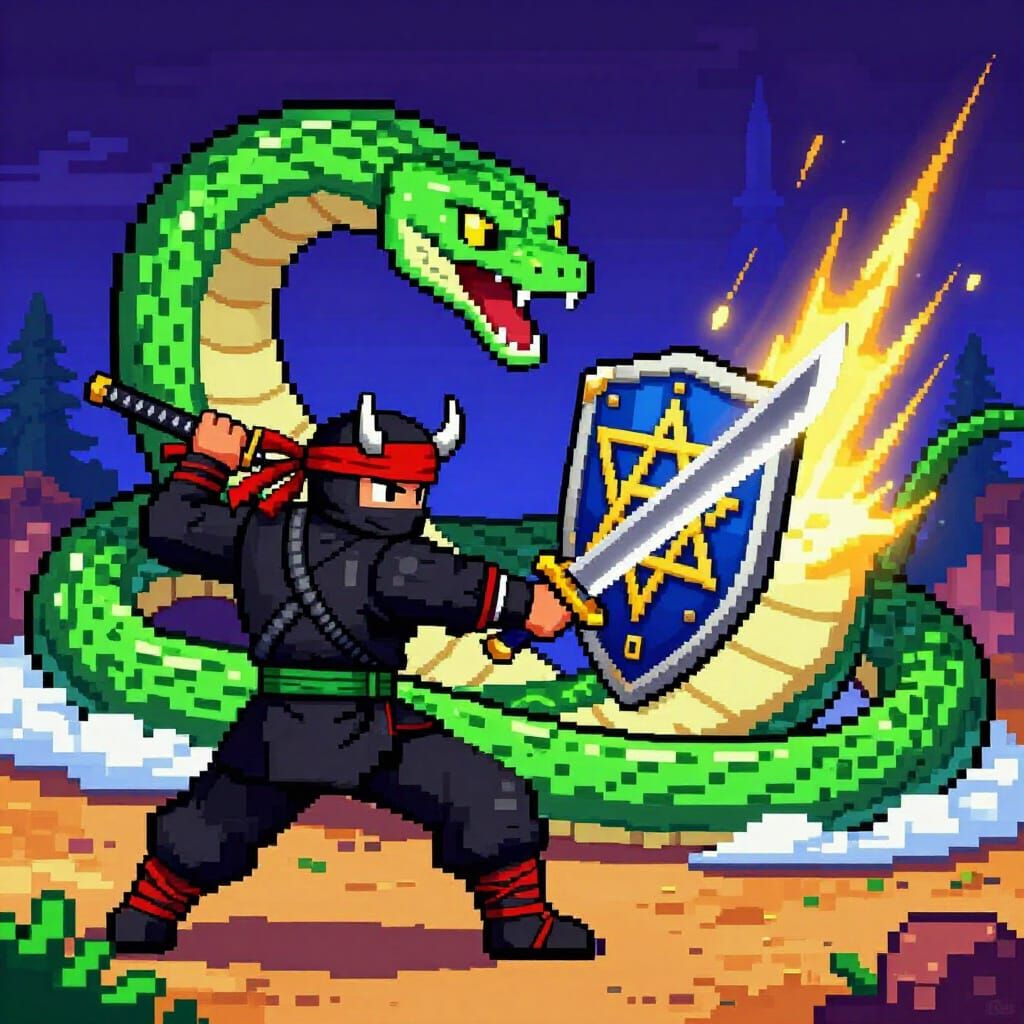16-Bit Pixel Art Ninja Battles Cosmic Serpent