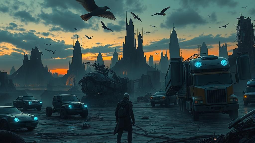 Cyborg in Ruined Cityscape at Dusk as Matte Painting