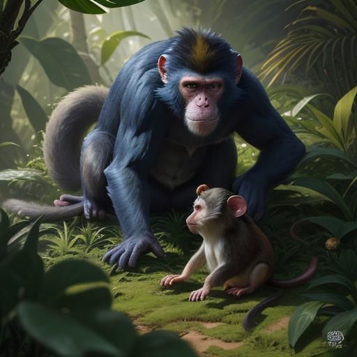 Monkey and Mouse Play in Jungle, Fantasy Art