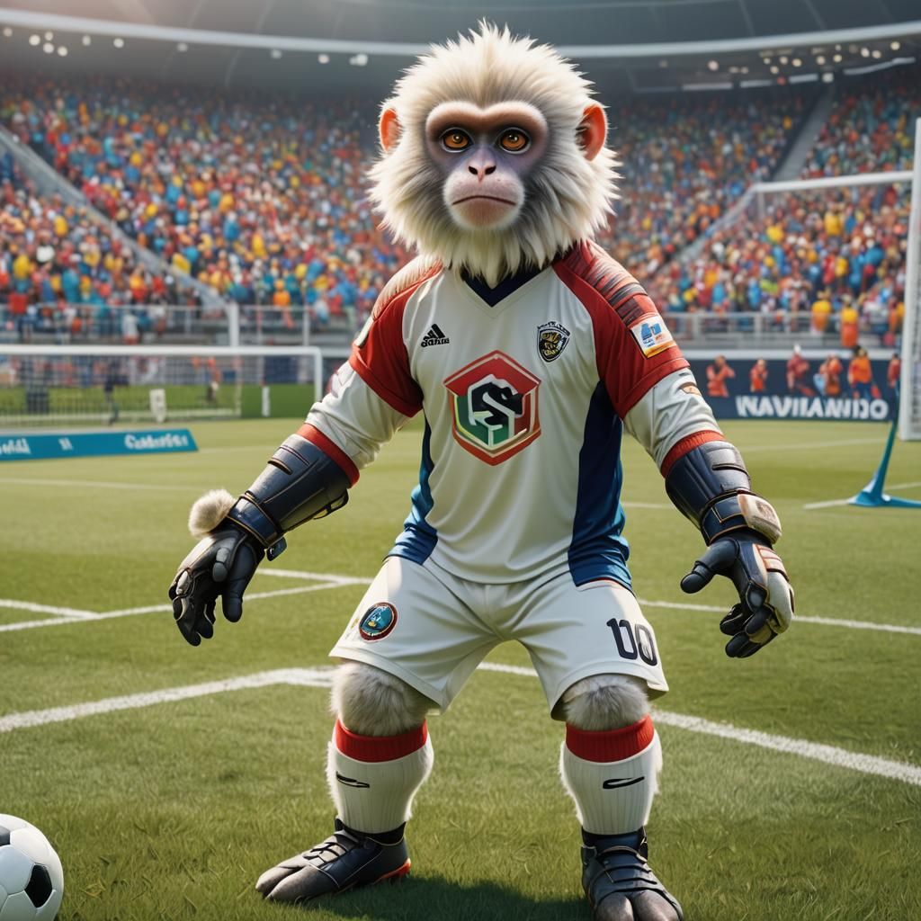Fluffy Monkey Goalkeeper on Soccer Field