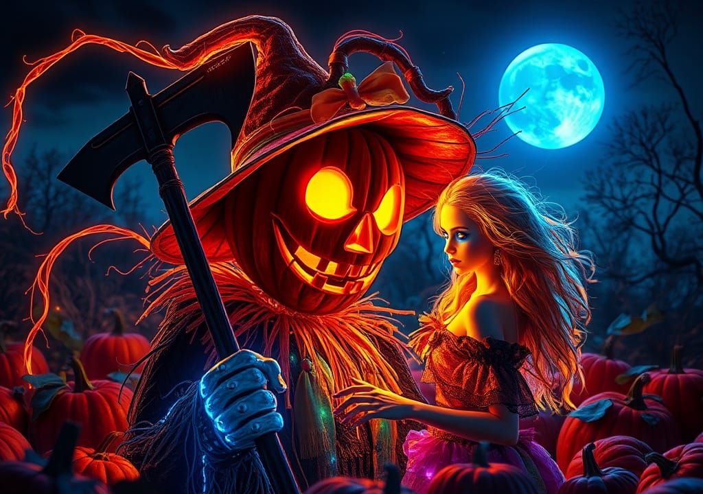 Luminescent Jack-O'-Lantern Scarecrow in Fiber Optic Style