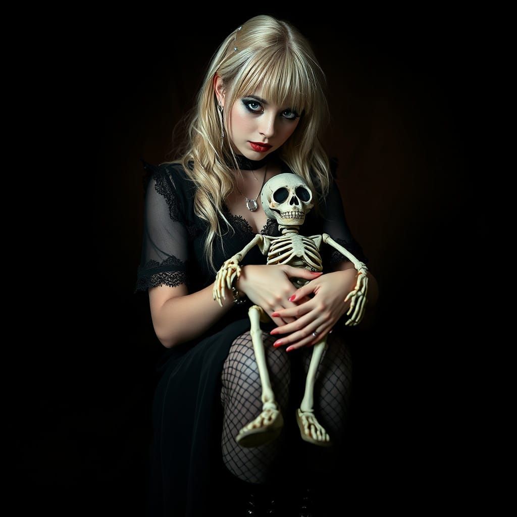 Goth Woman Embracing Whimsical Skeleton Companion in Moody L...
