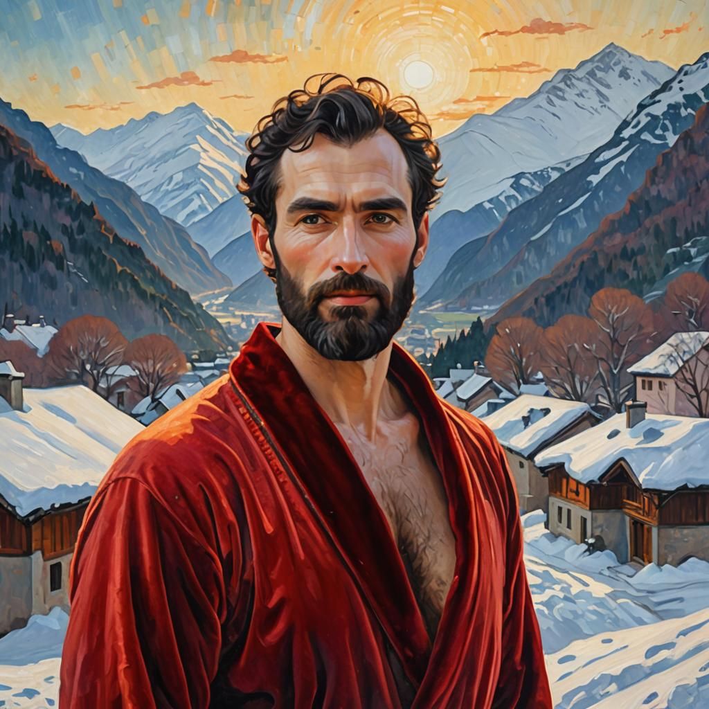 Elegant Man in Red Velvet Bathrobe, Gustav Klimt Neo-Express...