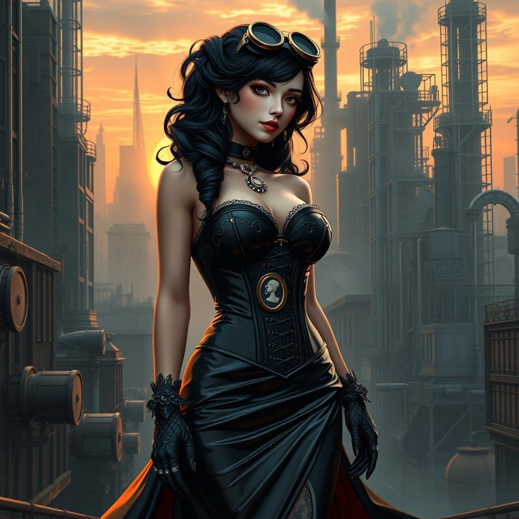 Steampunk Femme Fatale in Victorian-Inspired Gown, Amidst Dy...