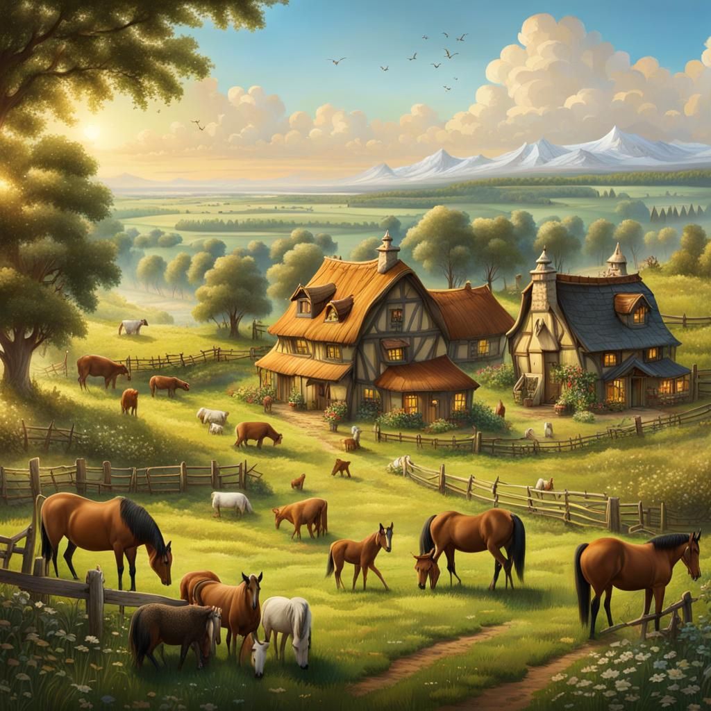 Picturesque Farmland with Elven Cottage and Animals