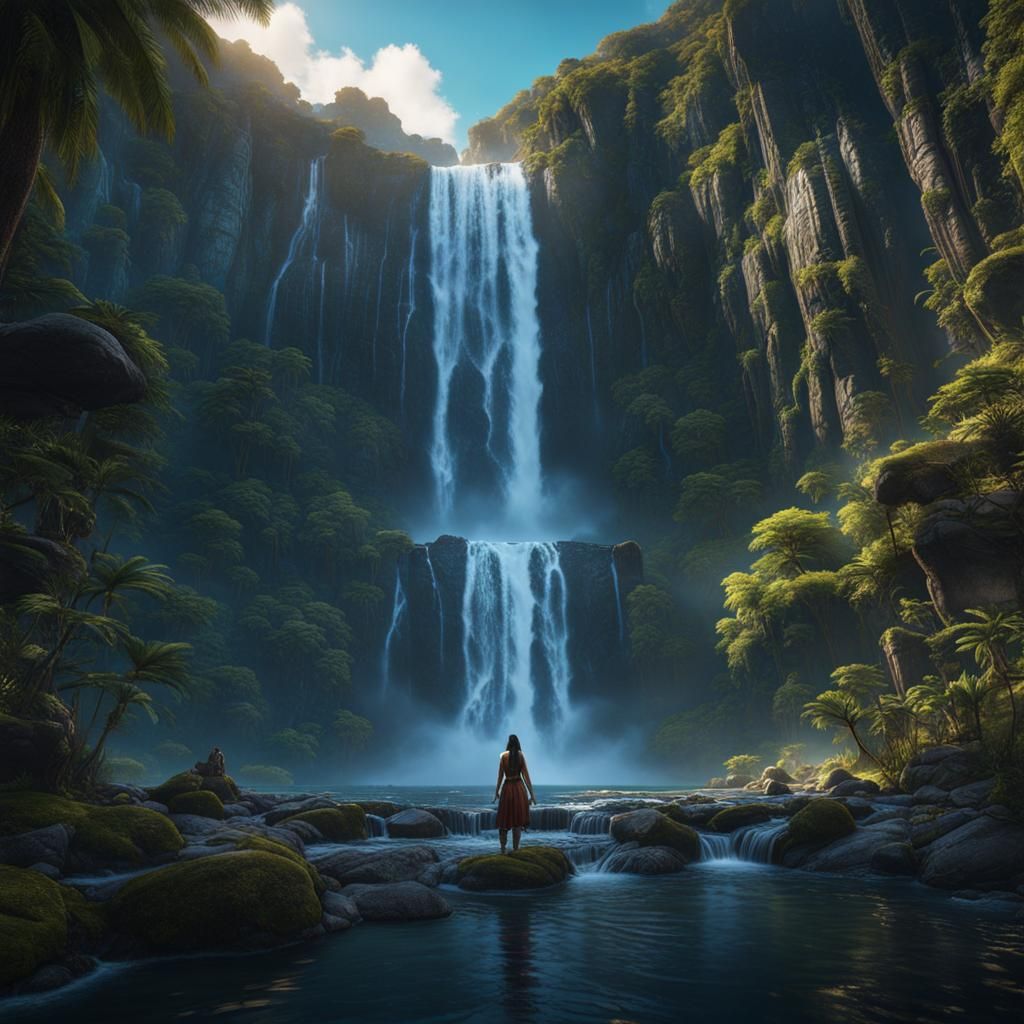 Maori Girl at Waterfall: Detailed Fantasy Art