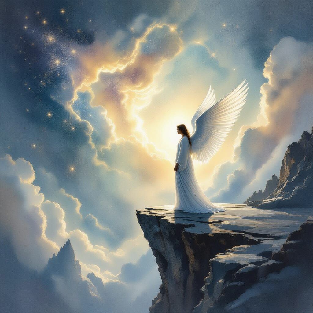 Angel on Crystalline Precipice Overlooking Cosmic Nebula