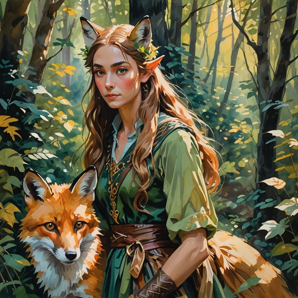 Elven Woman and Fox Portrait in Gouache Style