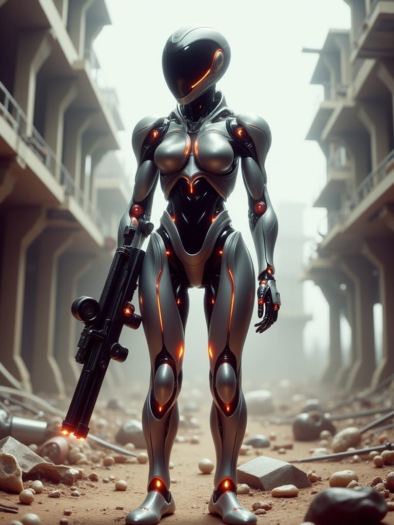 Android Warrior Stands in Post-Apocalyptic Wasteland