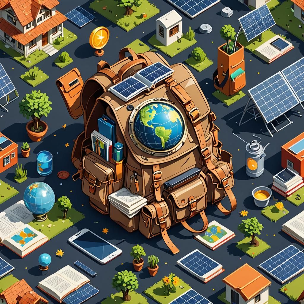 Solarpunk Travel Scene with Compass and Globe