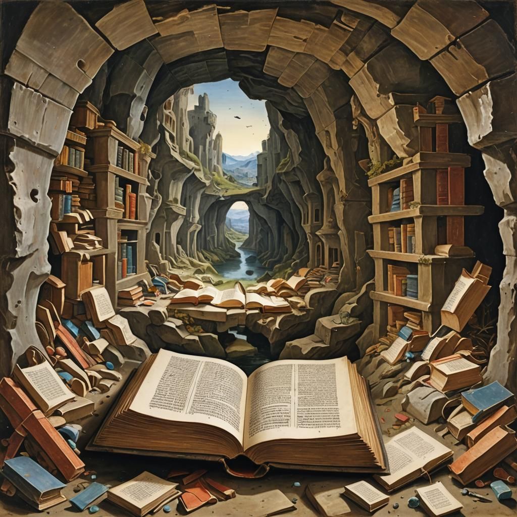 Dreamlike Cavern of Ancient Books in Renaissance Style