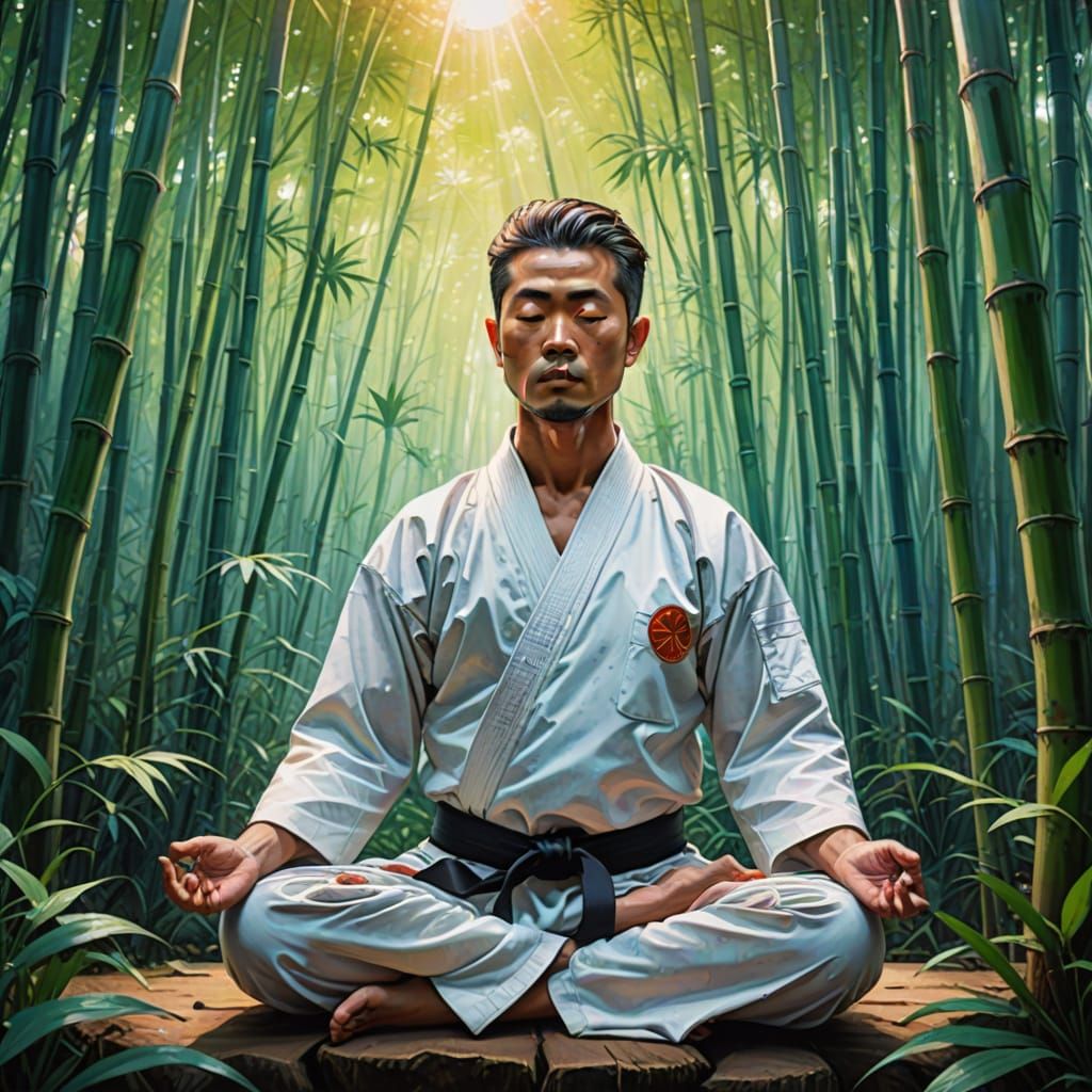 Full shot. A karate master, eyes closed in concentration, meditates in a serene bamboo forest, a single ray of sunlight ...