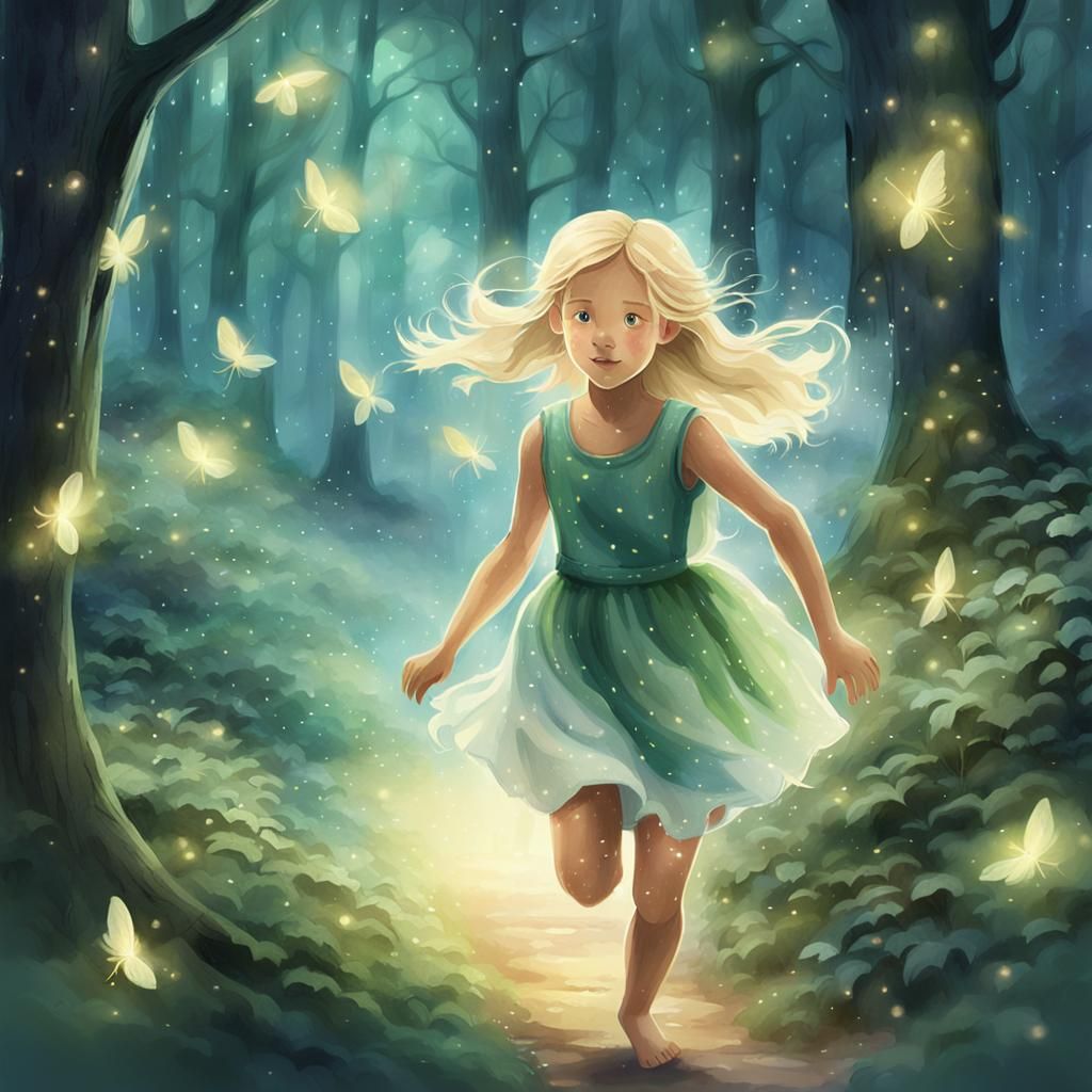Blonde Girl Running with Fairies: Watercolor Illustration
