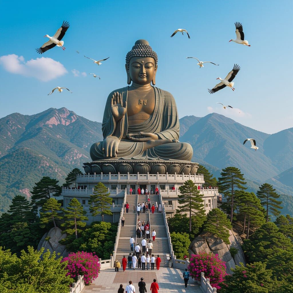Huge Buddha statue on a top of a mountain in a beautiful nat...