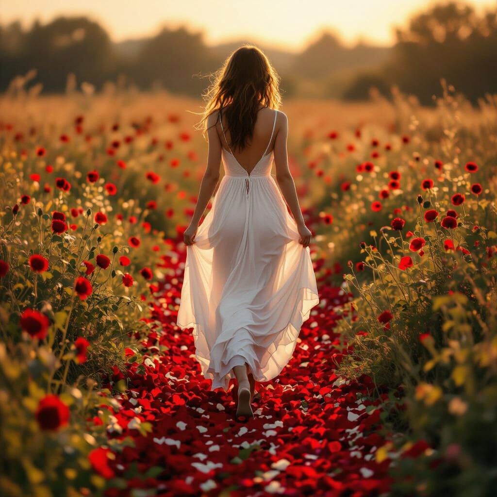 Woman in White Dress Walks Through Rose Petals