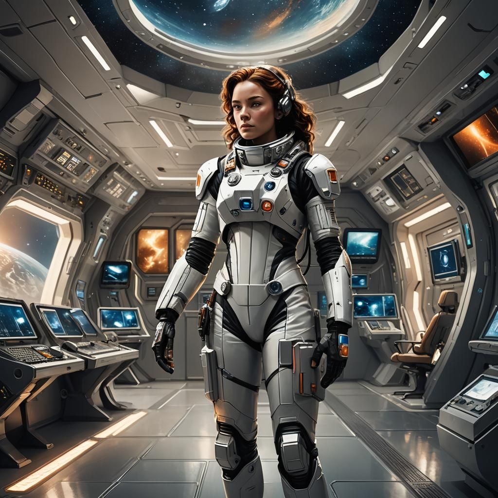 Female Space Explorer in Futuristic Command Center