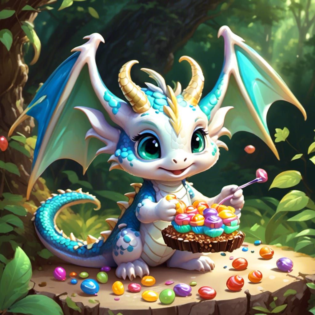 Chibi Dragon Eats Chocolate in Enchanted Forest