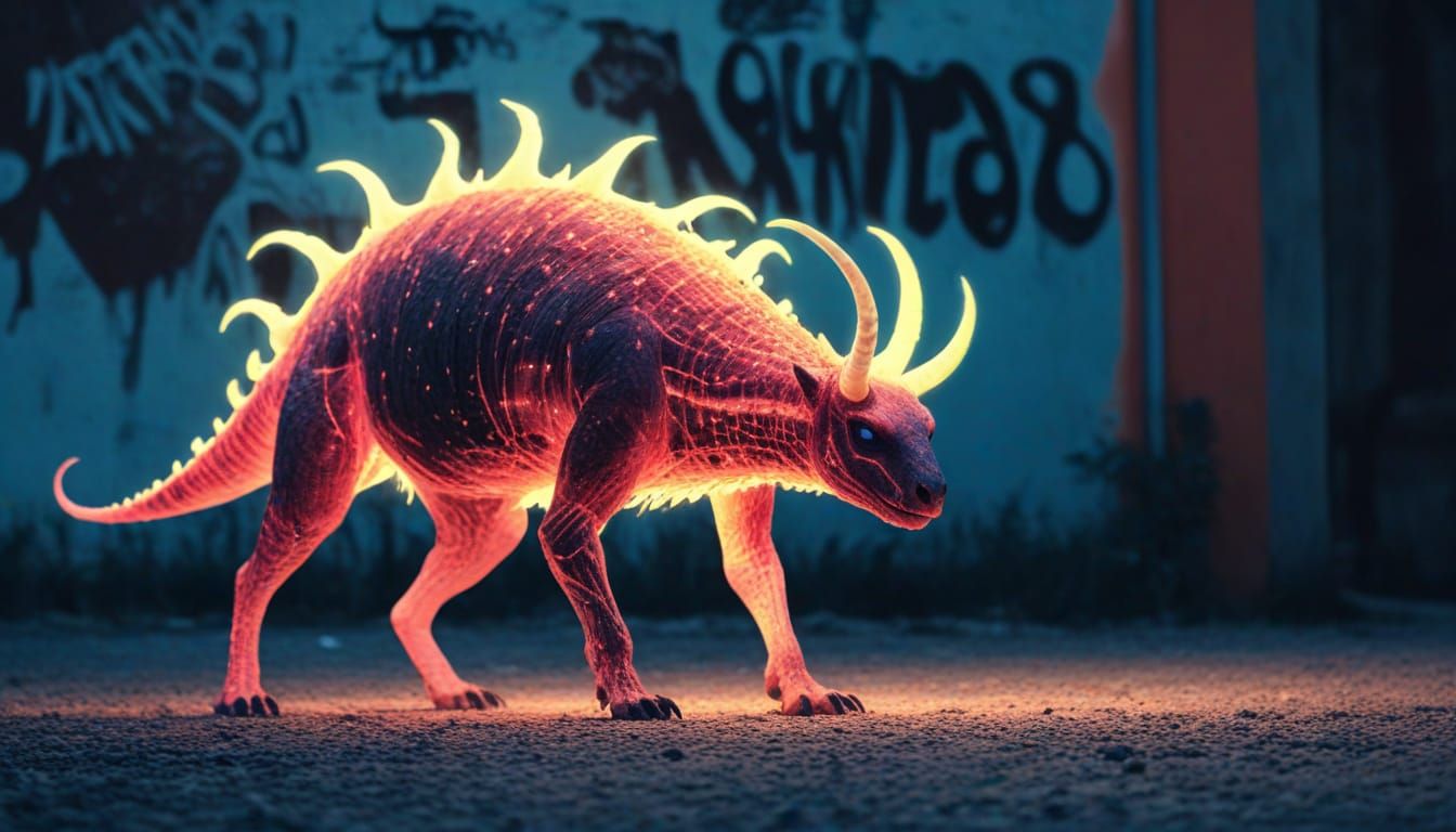 Glowing Mutant in Neon-Lit Urban Landscape