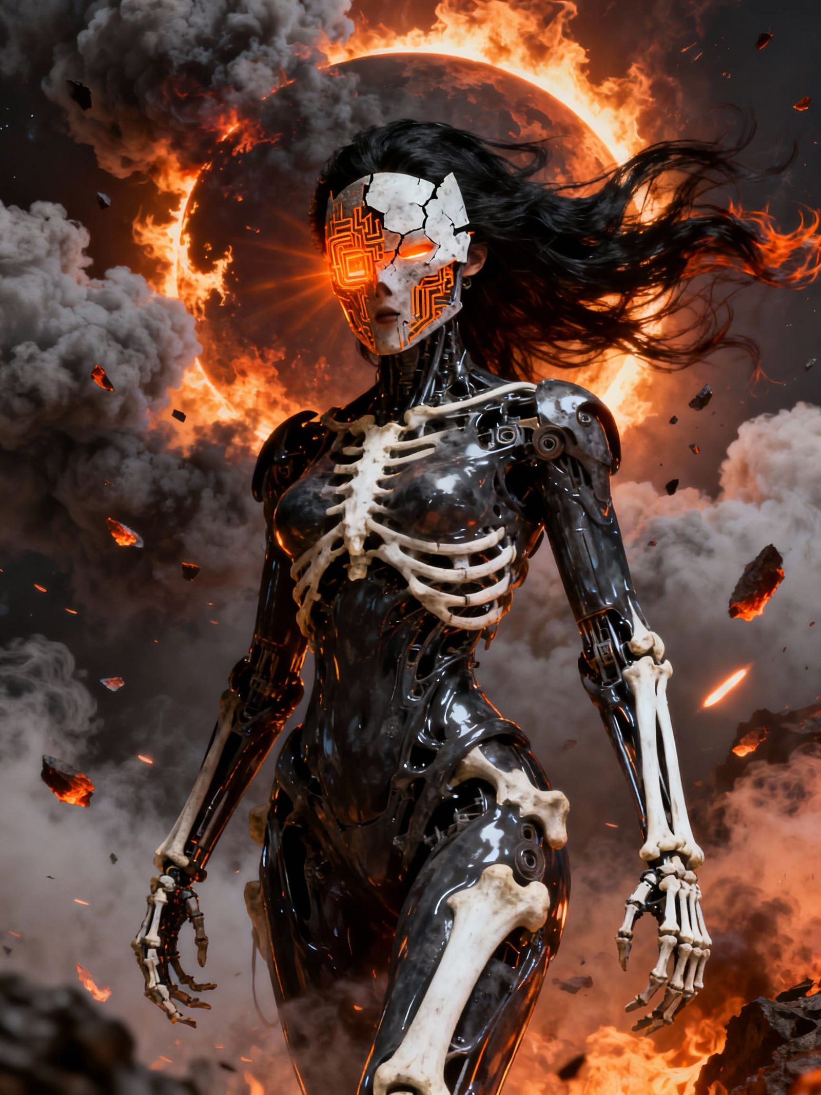 Biomechanical Goddess of Obsidian and Bone in Mythpunk Apoca...