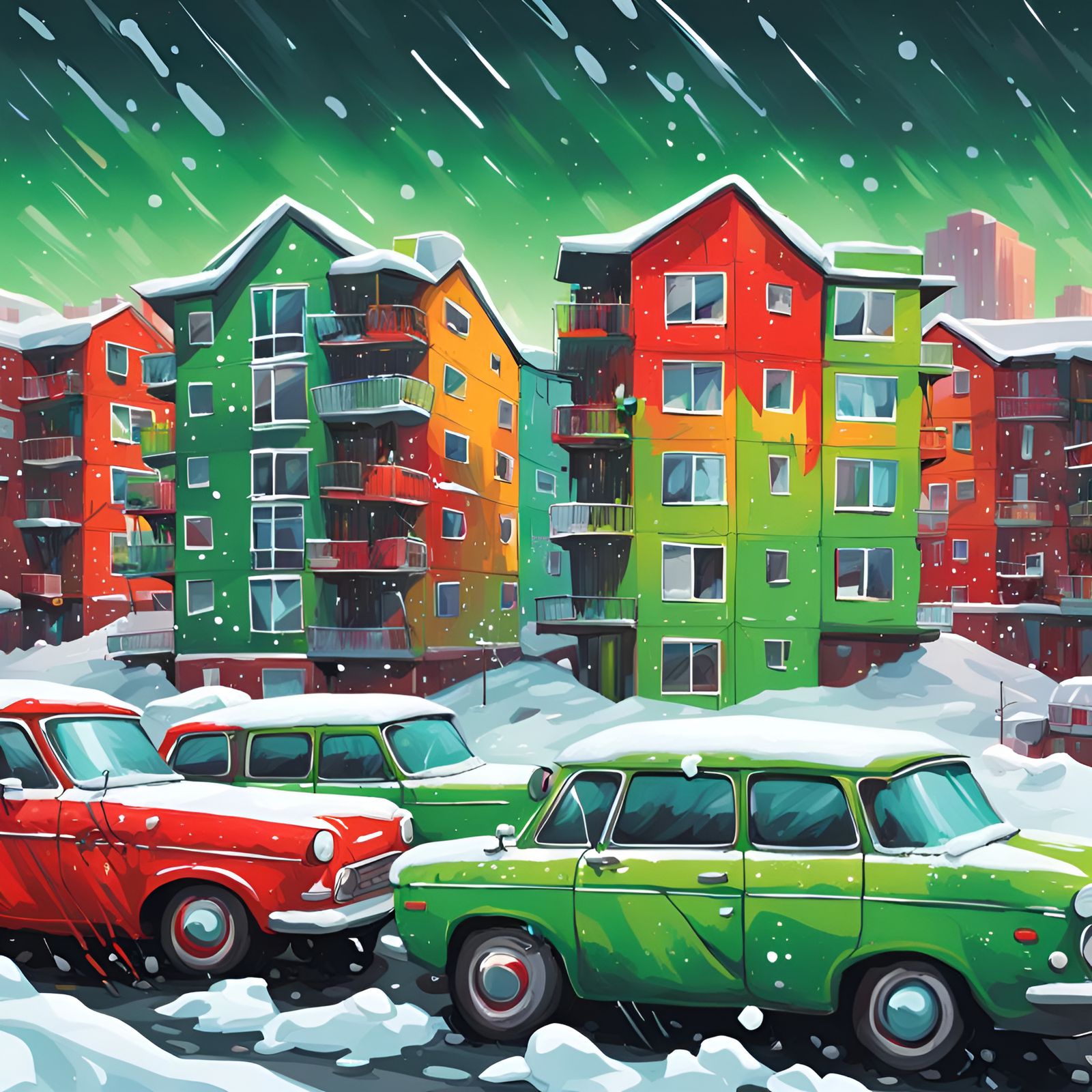 Snowy Urban Scene with Colorful Graffiti Art