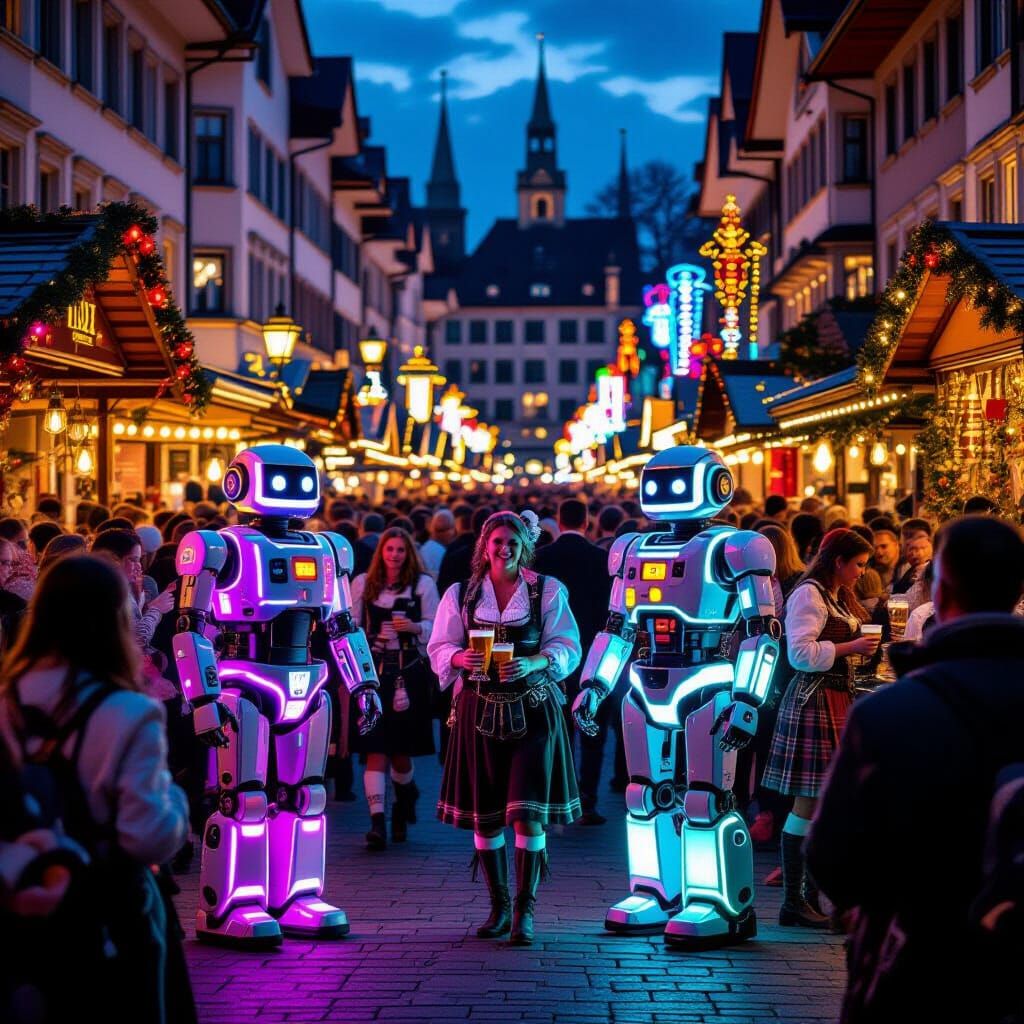 Munich Beer Festival with Robots in a Futuristic Style