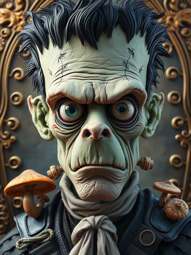 Whimsical Chibi Frankenstein Caricature with Joyful Chaos