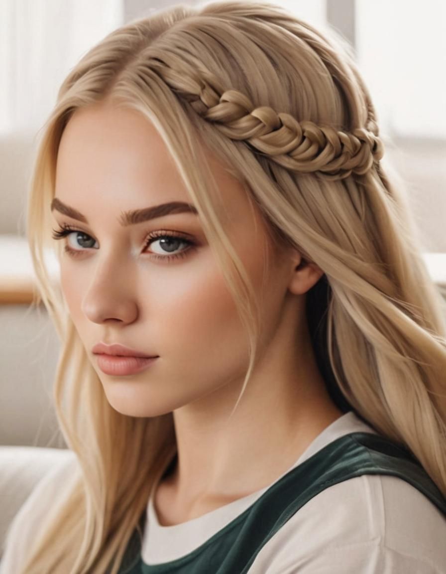 lovely blonde girl with braided crown-hair - close