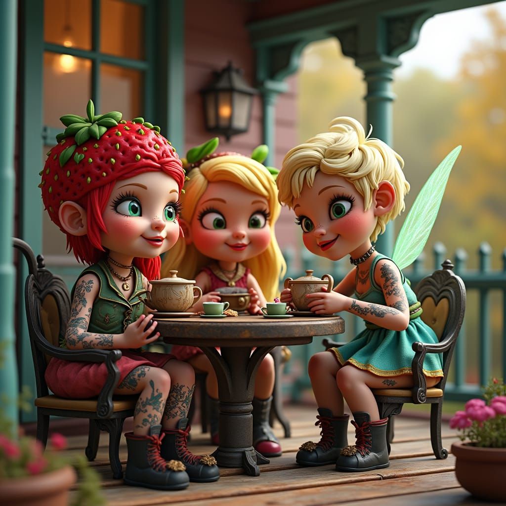 Steampunk Cartoon Characters Enjoying Tea, 3D Render