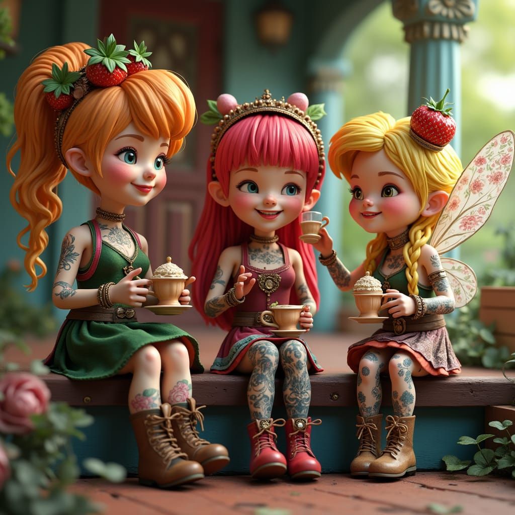 Steampunk Fairies Enjoying Tea on the Porch